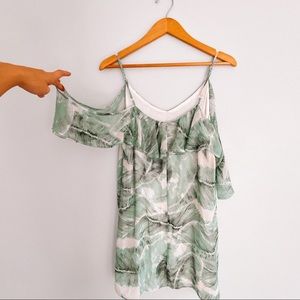Cold Shoulder Palm Print Dress - Olivaceous